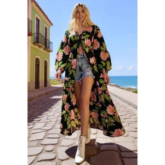 Flying Tomato Tropical Print Duster | Tie Waist Tiered Maxi Top - Picture 5 of 12